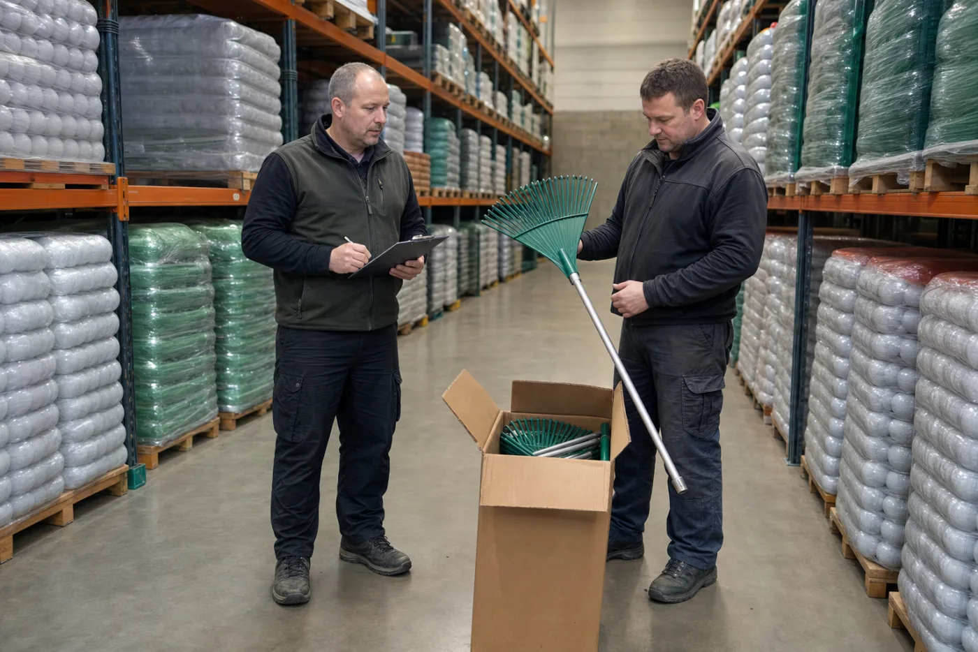 A course manager and a supplier's representative checking pallets in a distribution warehouse