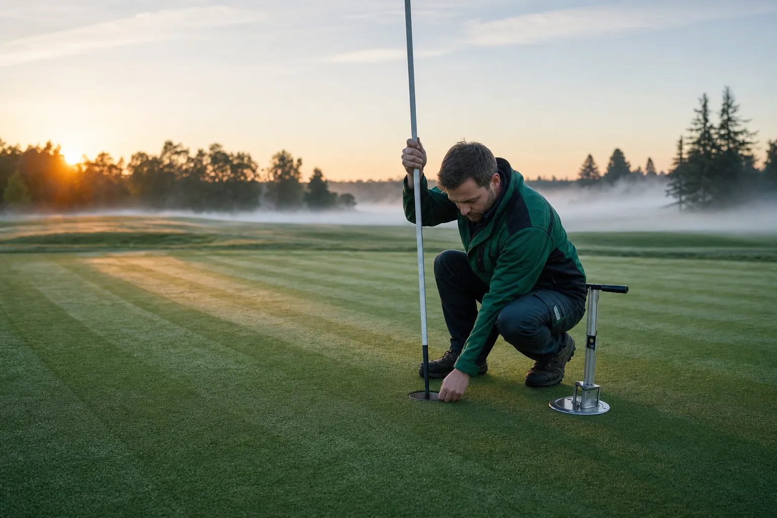 A greenkeeper lifting a flagstick from a putting green at first light